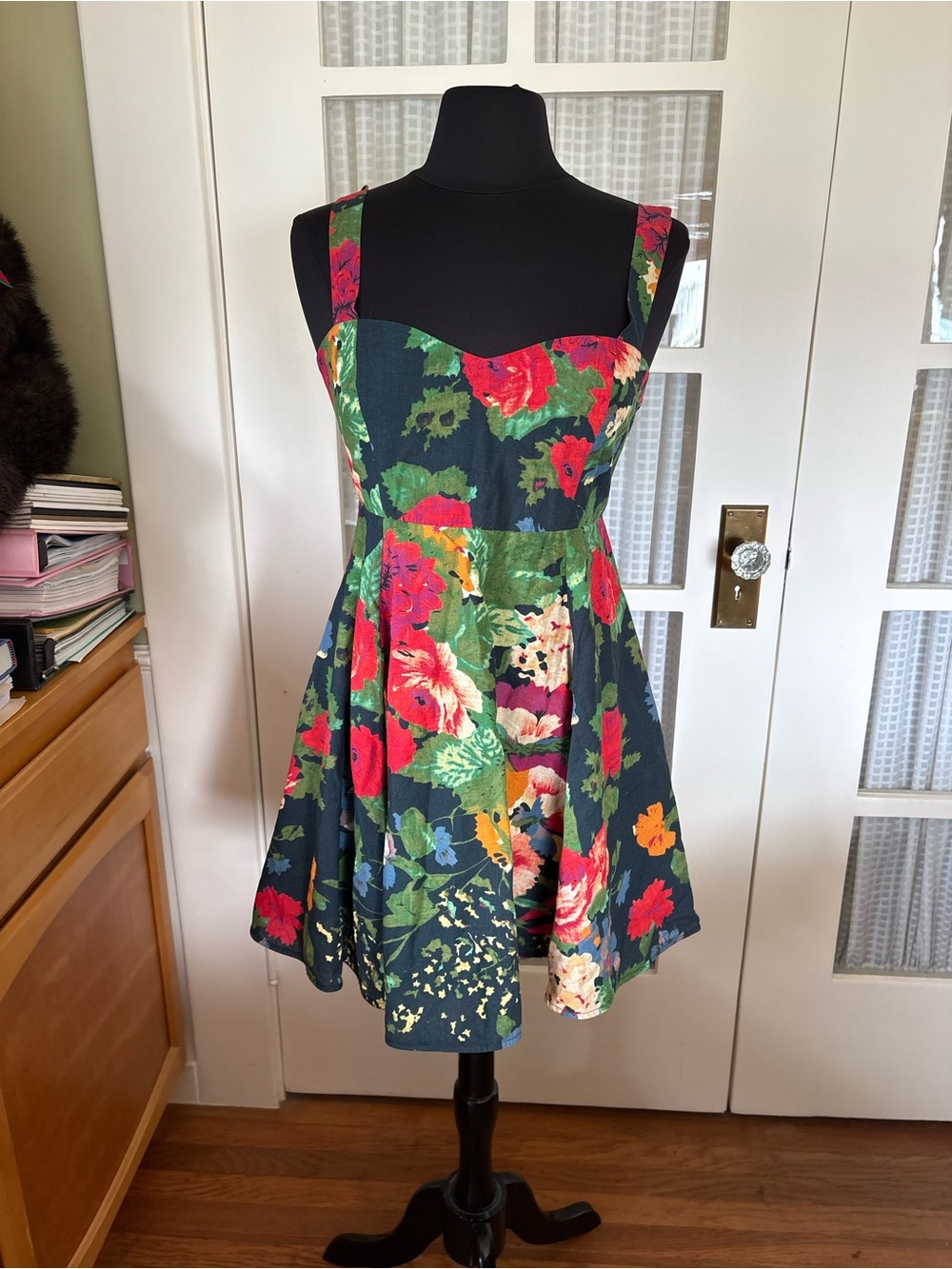 Sezane Navy Floral Sweetheart Mini Dress with Red and Green Blooms
